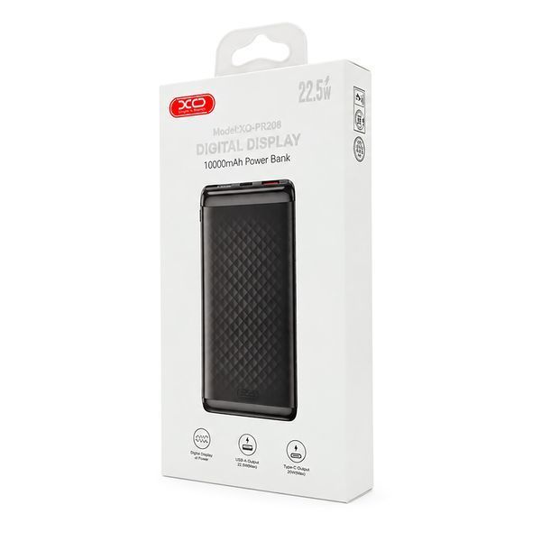 PowerBank XO-PB308 10000mAh Digital Fast Charge, Input:5V-12V/1,5-2,5A/18W(Max)(Type-C),Output: 5V-12V/1,65-5А(22,5W), USB-С, QC22.5W, plastic,Black 46440 фото