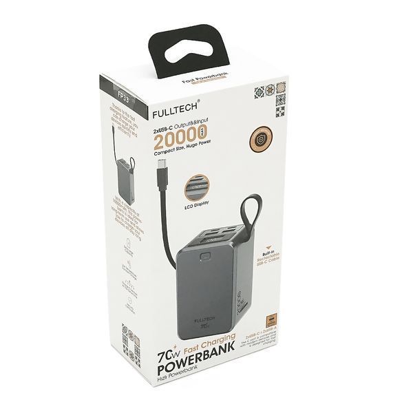 PowerBank FULLTECH FP33 20000mAh, 70W, Input: (Type-C), Output: (USB, 2*Type-C), індикація заряду, 0,430kg, Gray, Box 46151 фото