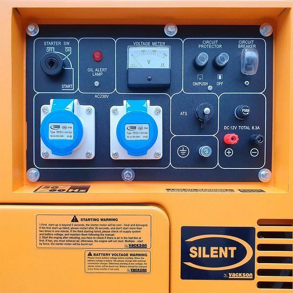 Генератор дизельний VACKSON KDE6700T+ATS, 1-фазний 230V, 50Hz, 5.5kVA/5.0kW, бак 15 л, витрата 1.4 л/год, пуск: стартер (без АКБ), 750x440x550 мм, 158кг 48338 фото